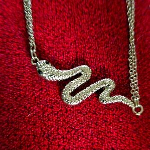 Gold Toned Snake w/ green gem eyes Necklace Double Chained SWIFTY